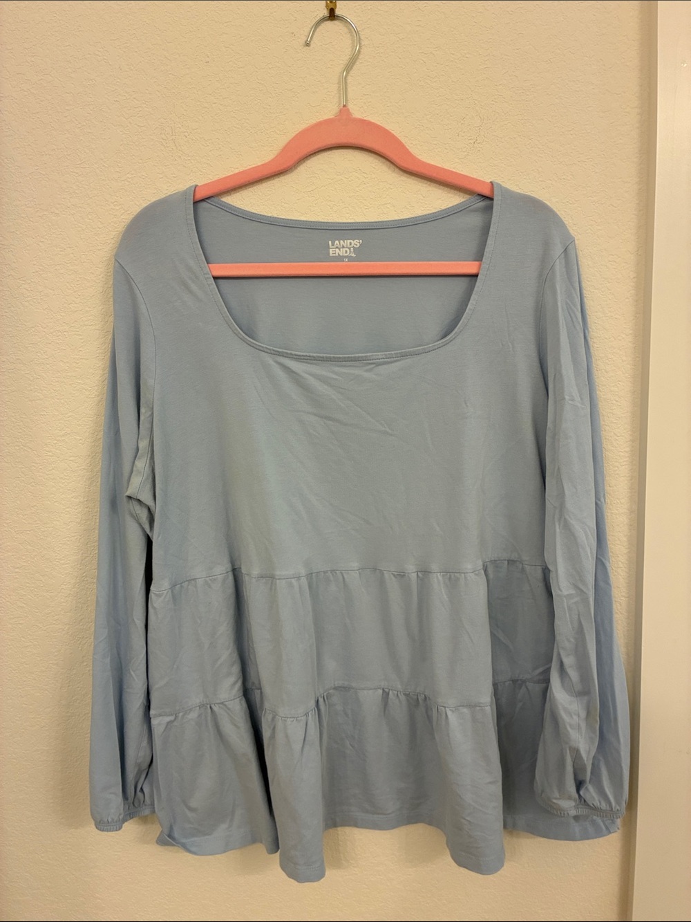 Lands’ End Tiered Babydoll Top 1X (16W‑18W) Light Blue — NWOT, Cotton